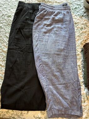 Two Pair Women's Ankle Cropped Linen Blend Pants - Black and Heathered Blue